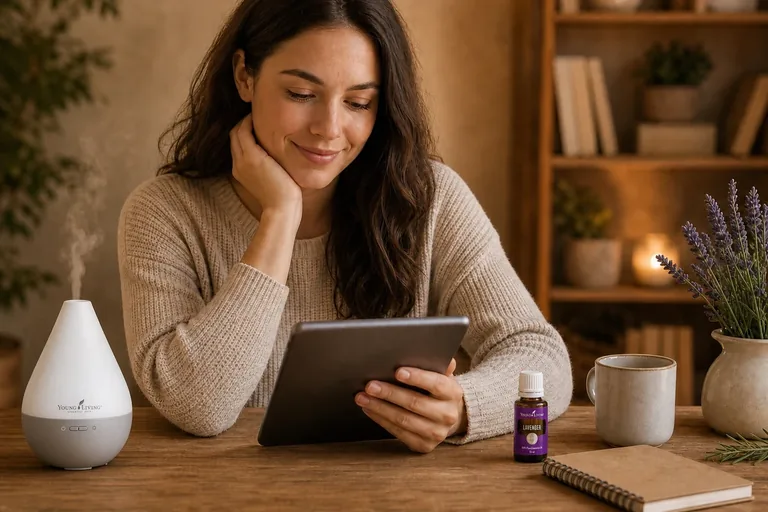 Frau liest neben Young Living Dewdrop Diffusor und Lavendelöl im Oily-Souls-Blog