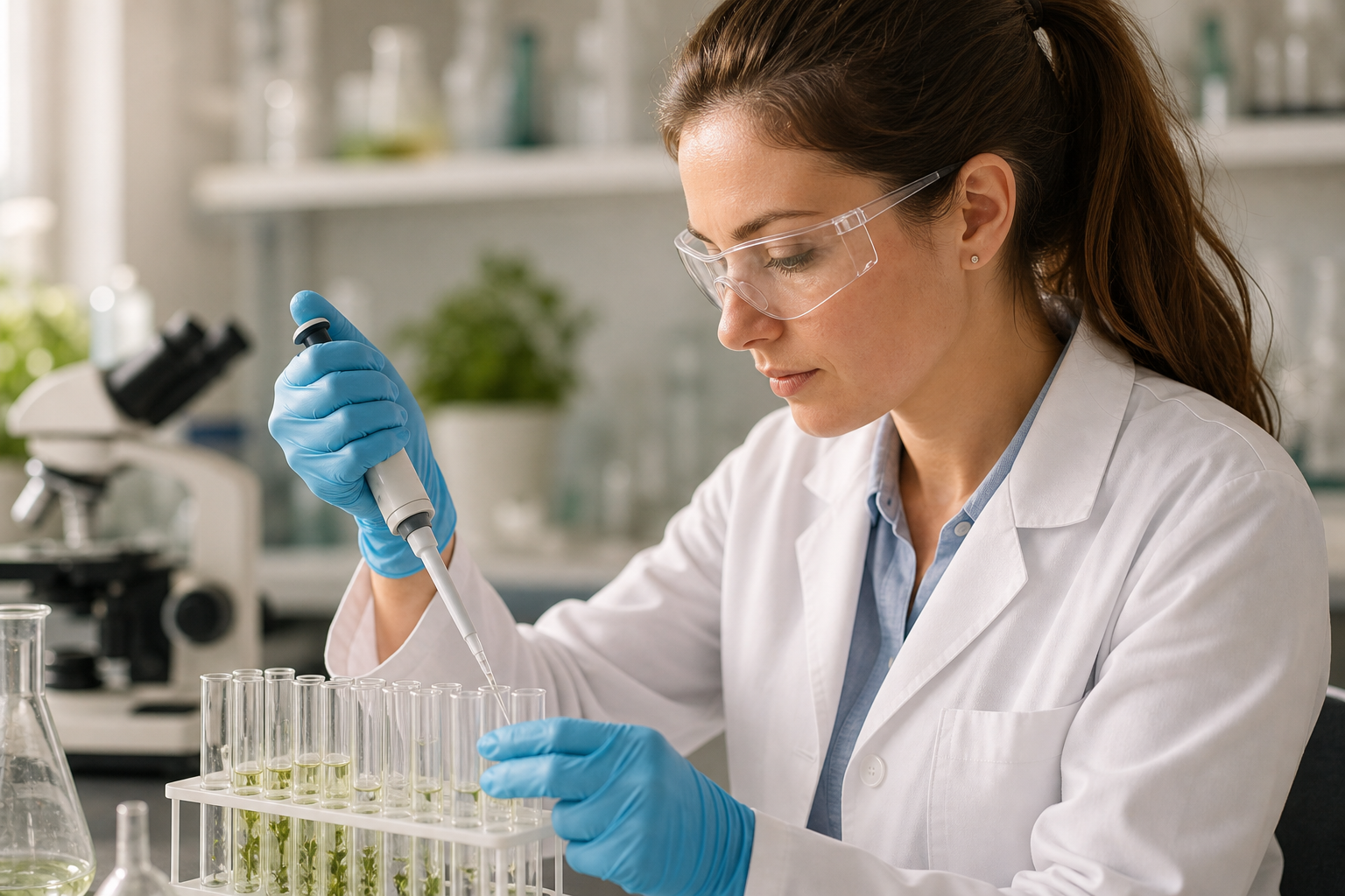 Laborfachkraft prüft Pflanzenproben mit Pipette und Reagenzgläsern