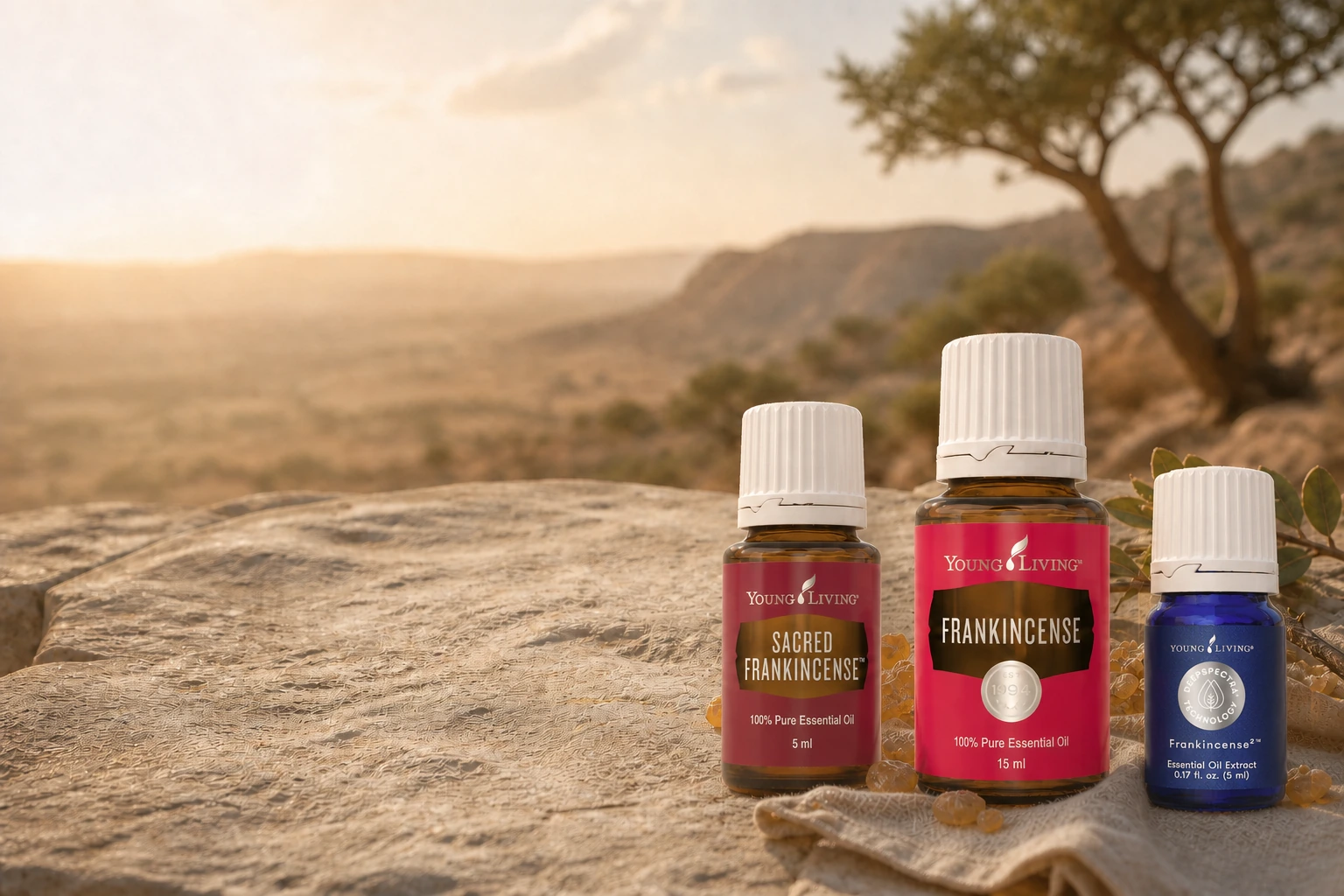 Sacred Frankincense, Frankincense und DeepSpectra Frankincense² natürlich in Weihrauchharz und Leinen im warmen Abendlicht eingebettet