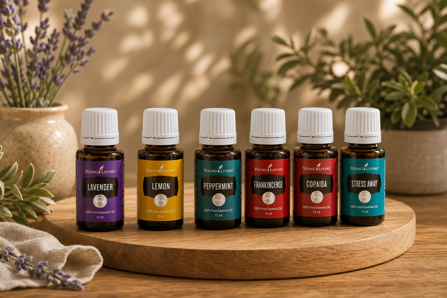 Sechs Young Living Einzelöle mit weißen Deckeln