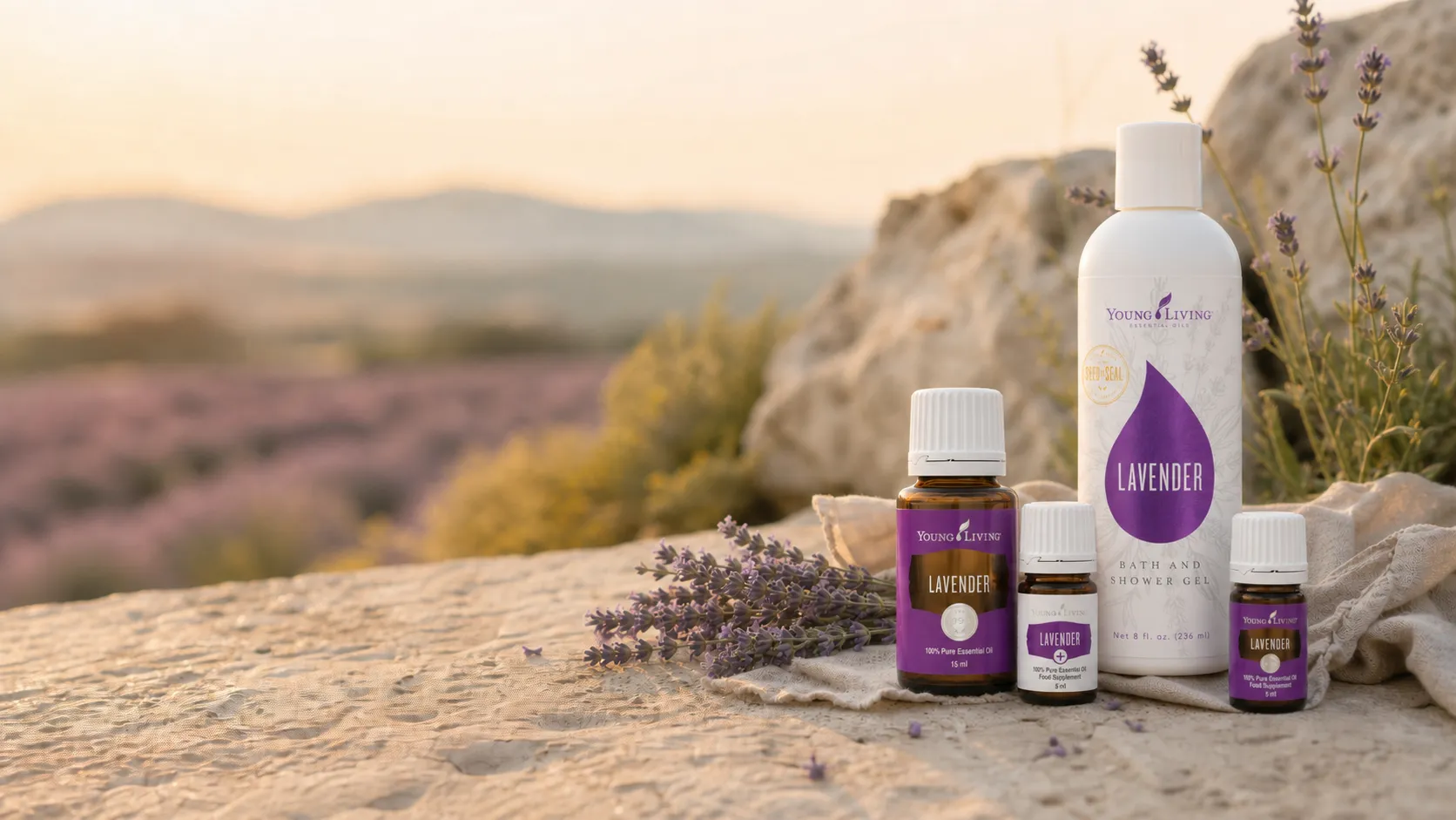 Lavender-Produkte und Lavendel im Abendlicht