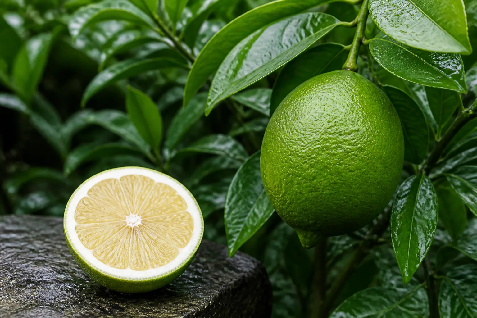 Redaktionelle Darstellung einer reifen grünen Jade-Lemon-Frucht