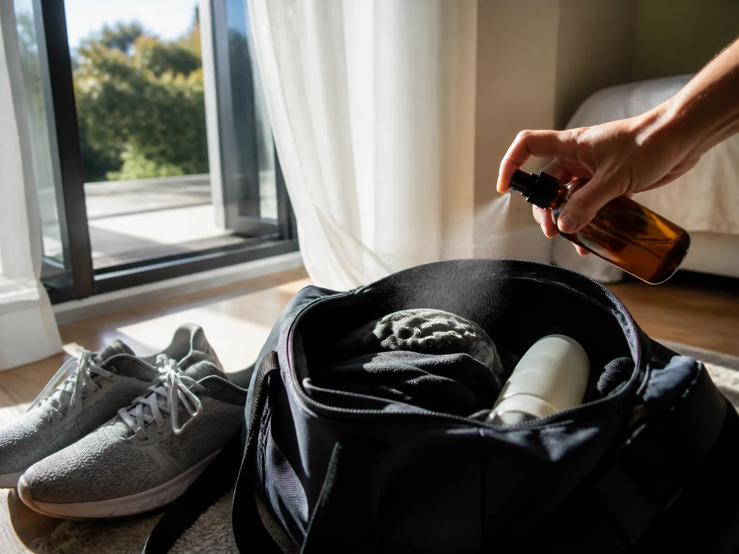 Offene Sporttasche und kleine Sprühflasche nach dem Training