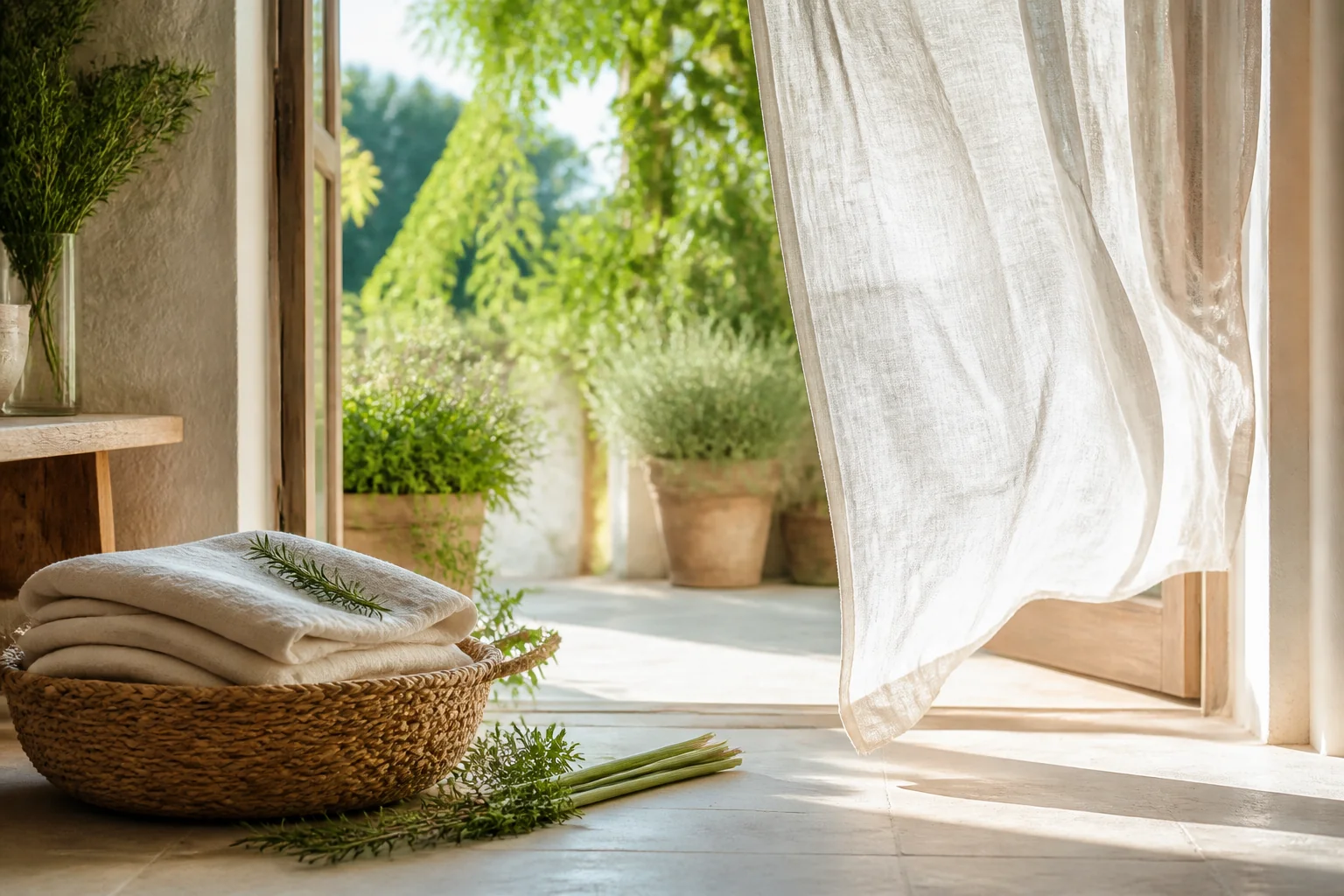 Offene Terrassentür mit bewegtem Leinenvorhang, frischen Tüchern und grünen Kräutern im hellen Sommerlicht