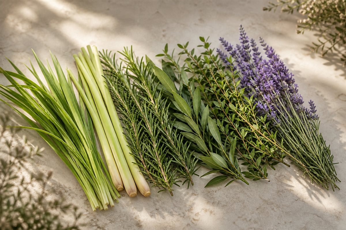 Citronella, Lemongrass, Rosmarin, Tea Tree, Myrte und Lavandin als fließende botanische Komposition