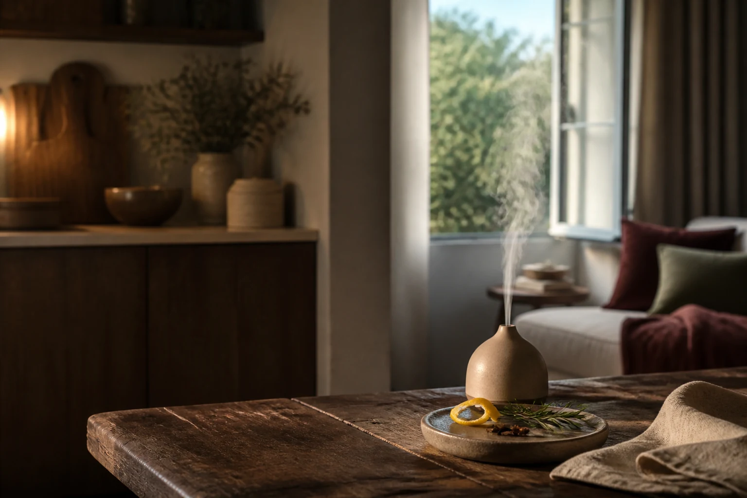 Warmer Wohnraum mit Keramikdiffuser, offenem Fenster und dezenten botanischen Duftnoten
